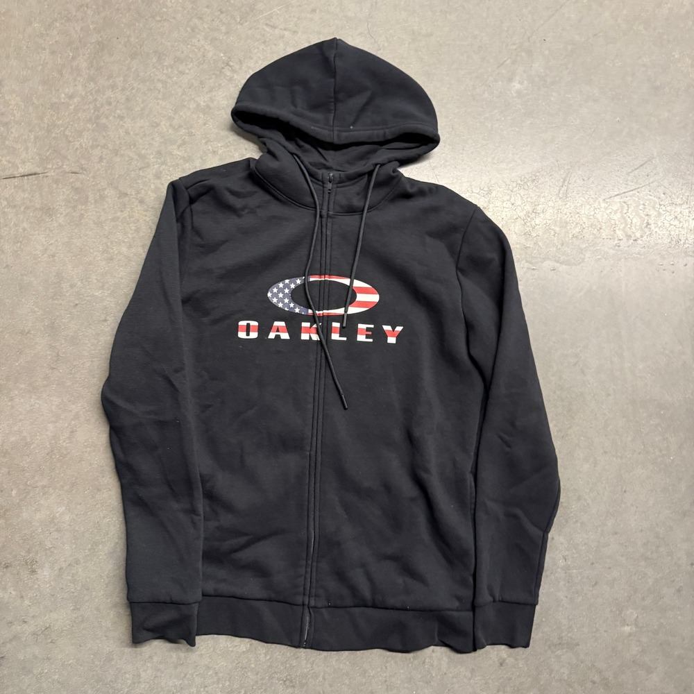 Oakley Mens Full Zip Hoodie Black American Flag Logo Graphic Sweatshirt Small